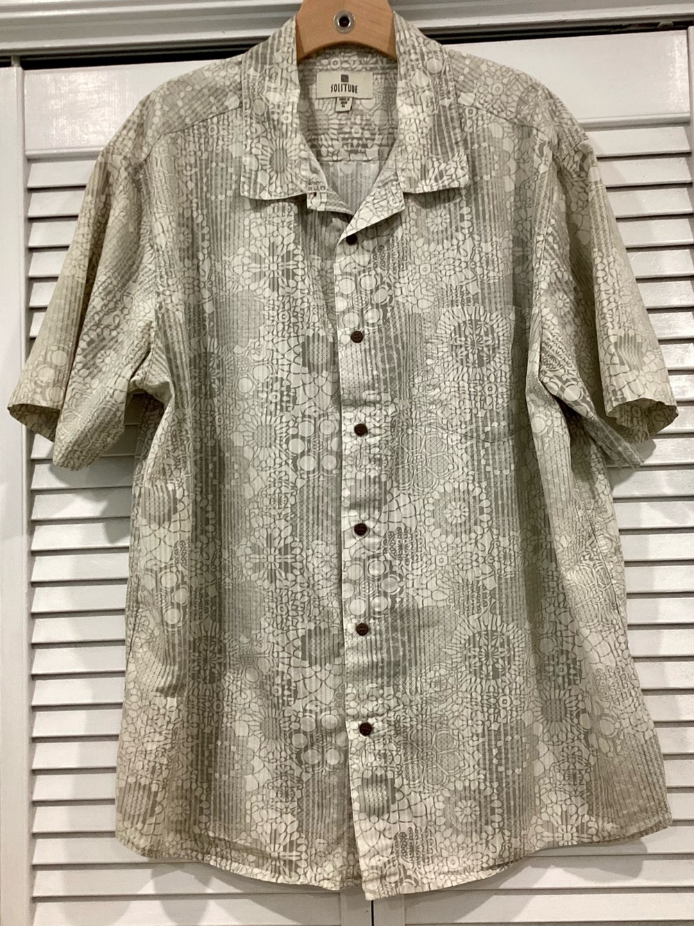 Solitude Men's XL Tropical Floral Shirt Khaki Tan Cotton Hawaiian Camp Resort